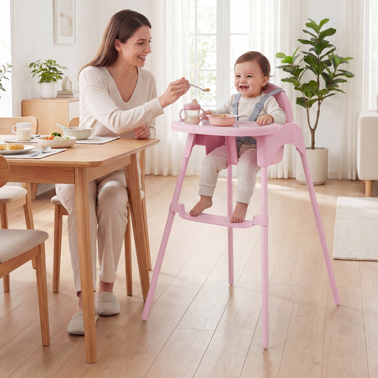 A baby sits in the pink high chair being fed by a woman at a dining table