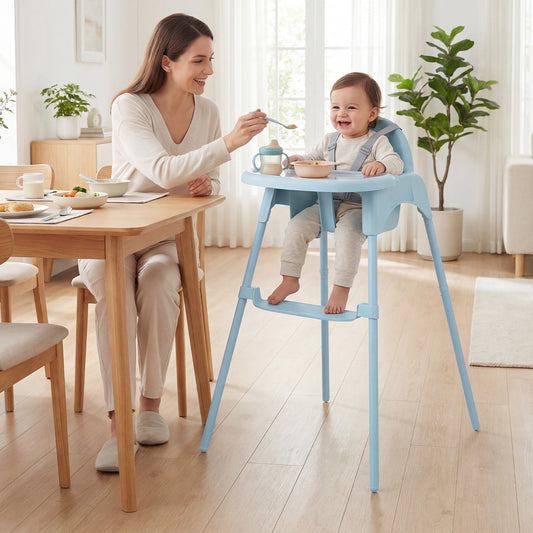 A mother feeding a baby sitting in the blue convertible baby high chair at a dining table