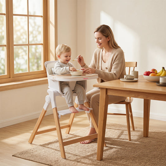 Mother feeding a baby in the beige convertible high chair at a wooden table