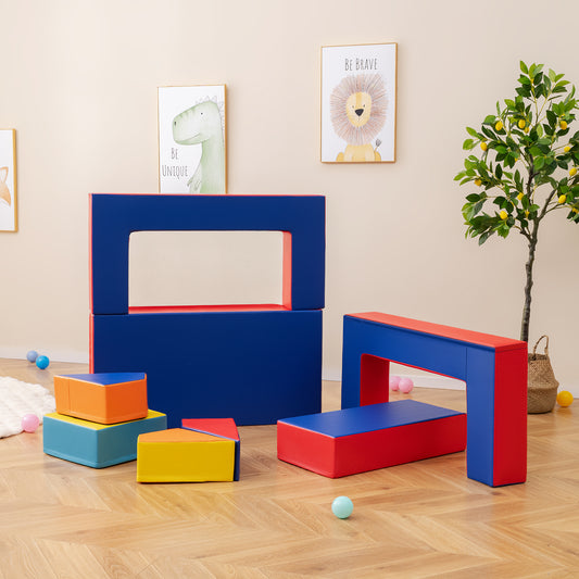 4-in-1 Convertible Foam Couch Play Set, the kids seating arranged into different shapes and structures on a wooden floor in a