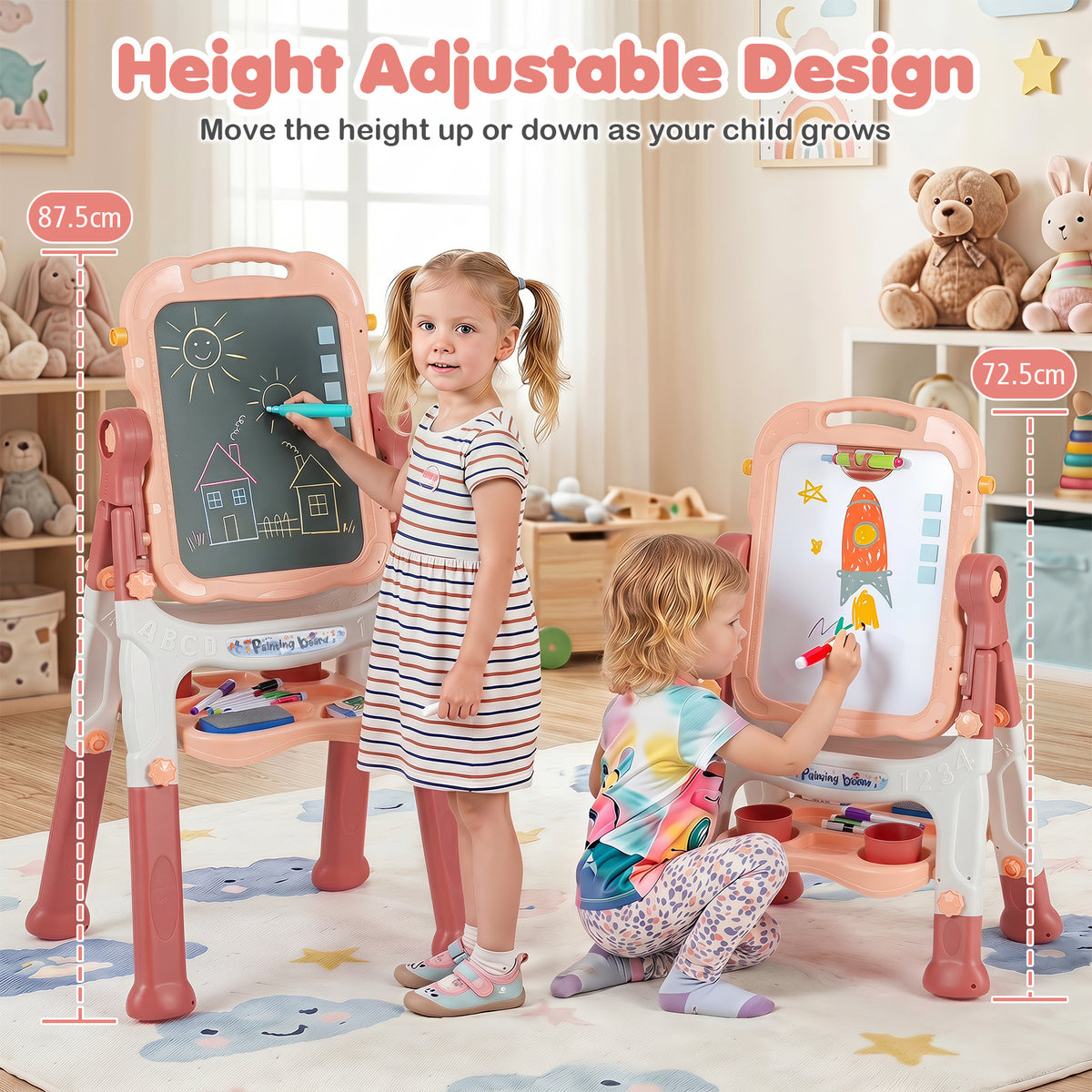 The art easel demonstrating the height adjustable design with two children using it