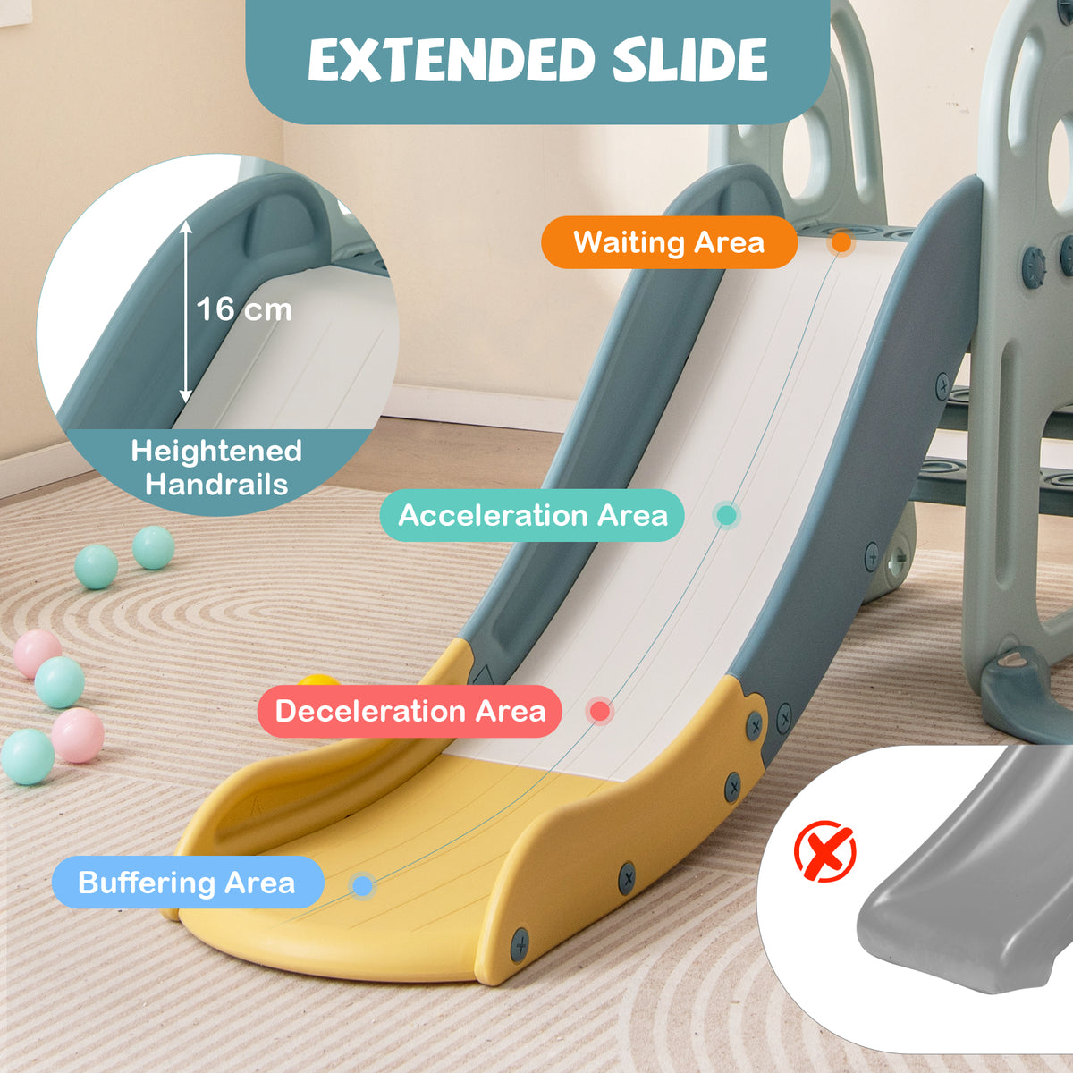 Close up of the green and blue kids slide and swing set showing extended slide features