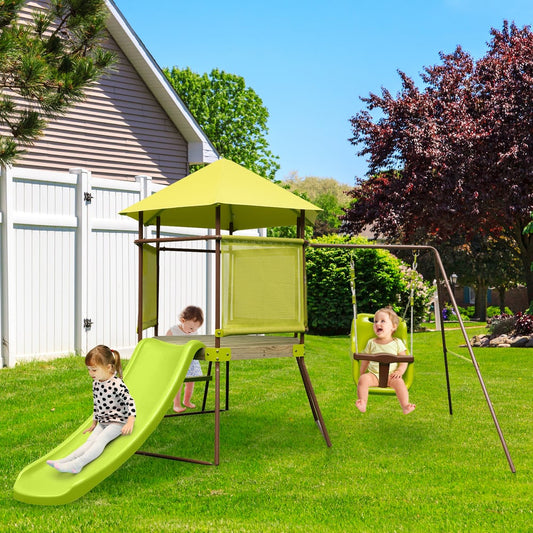 The swing set placed in a grassy garden with children playing on the slide and baby seat