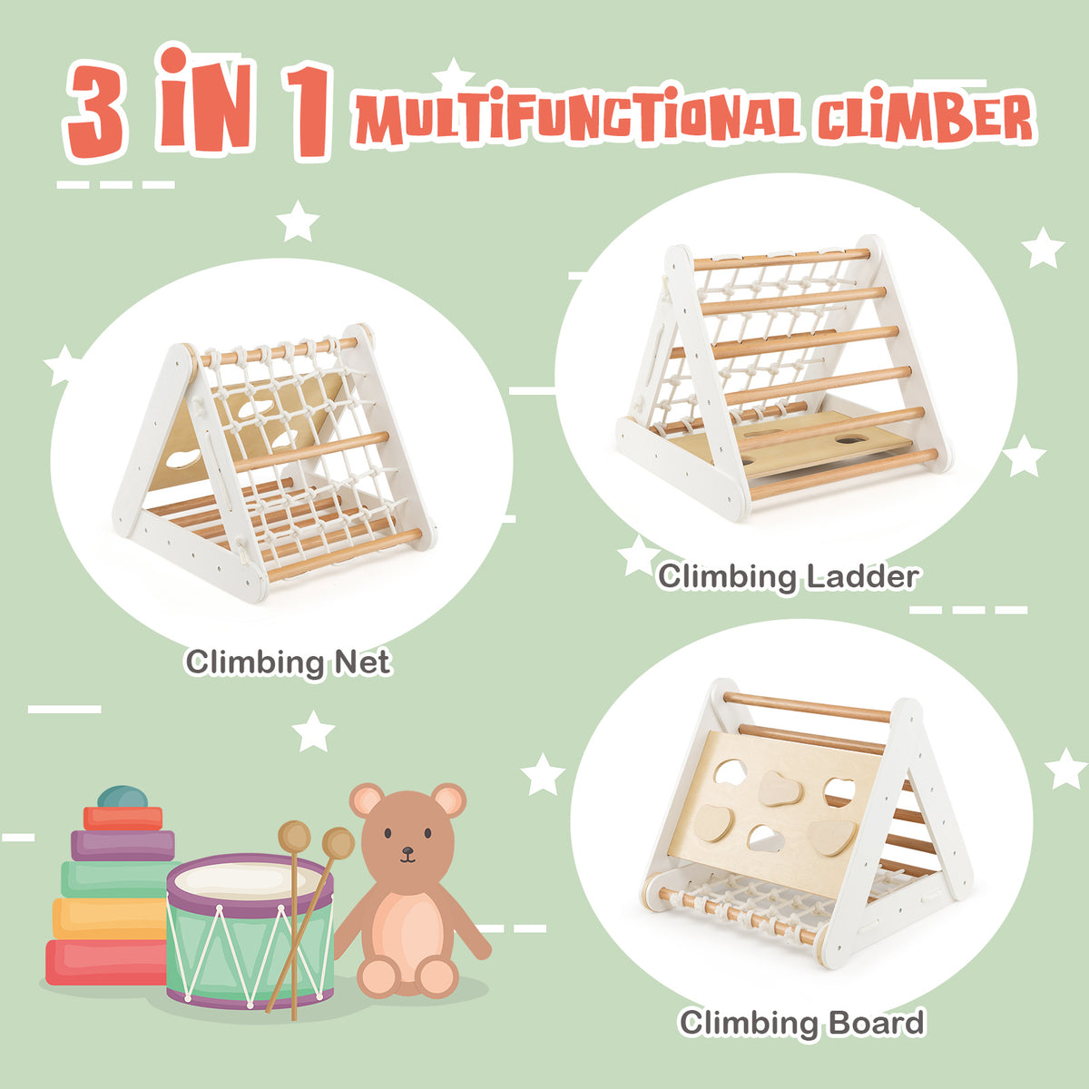 Three different ways to use the wooden climbing frame: climbing net, ladder, and board