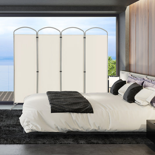 The four panel room divider set up in a bedroom behind a bed