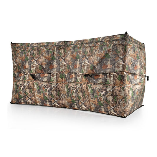 The camouflage hunting blind tent from a side angle showing its full length