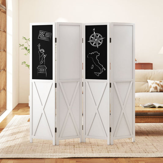 The room divider standing in a bright living room with chalk drawings on the black panels