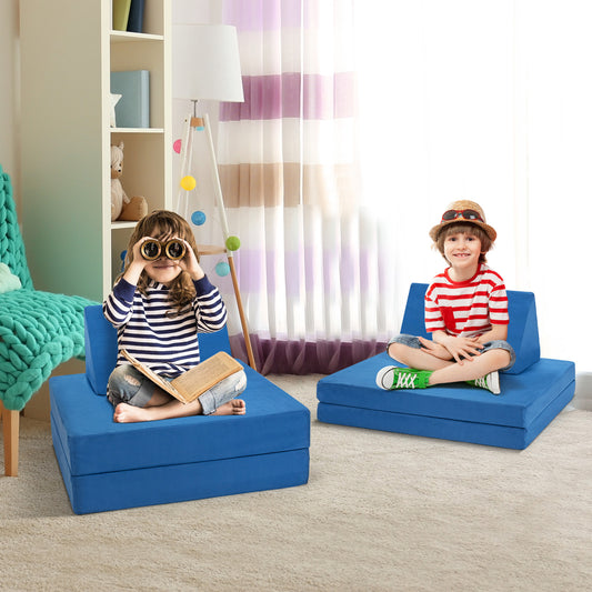 The blue kids couch shown as two separate seating units with children playing