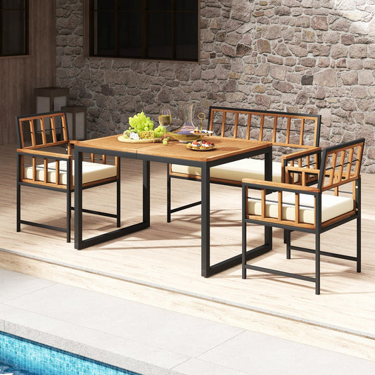 The patio dining set arranged on a wooden deck next to a swimming pool