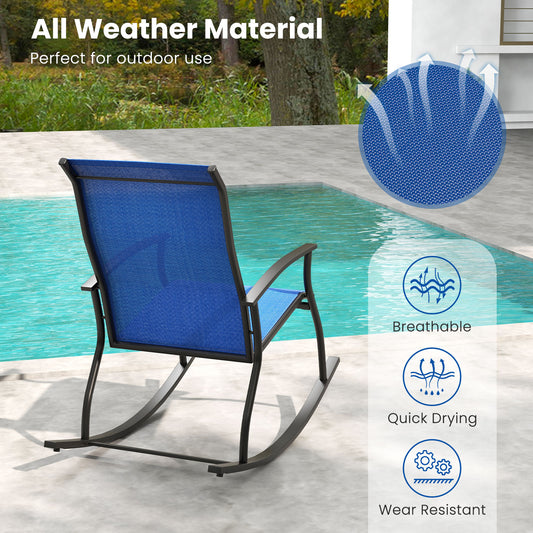 One navy blue outdoor rocking chair next to a swimming pool, showing all weather material