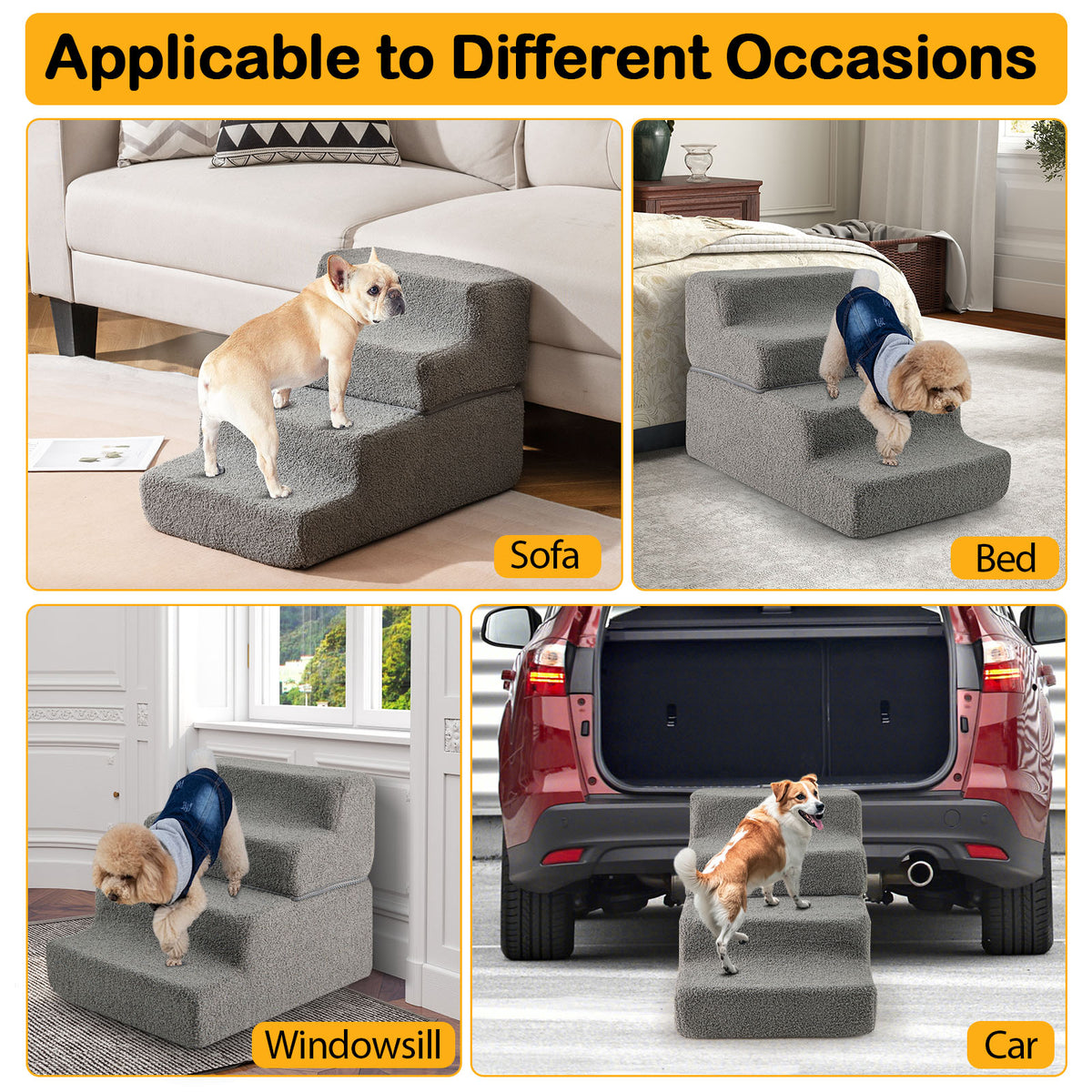Collage showing the grey foam dog steps used for a sofa, bed, windowsill, and car boot
