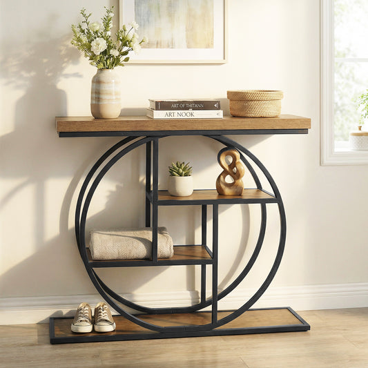 The console table with decorative items on its shelves and a basket on the floor
