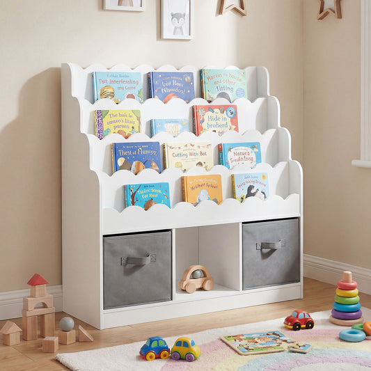 The white kids storage unit filled with colourful children's books and two grey fabric drawers
