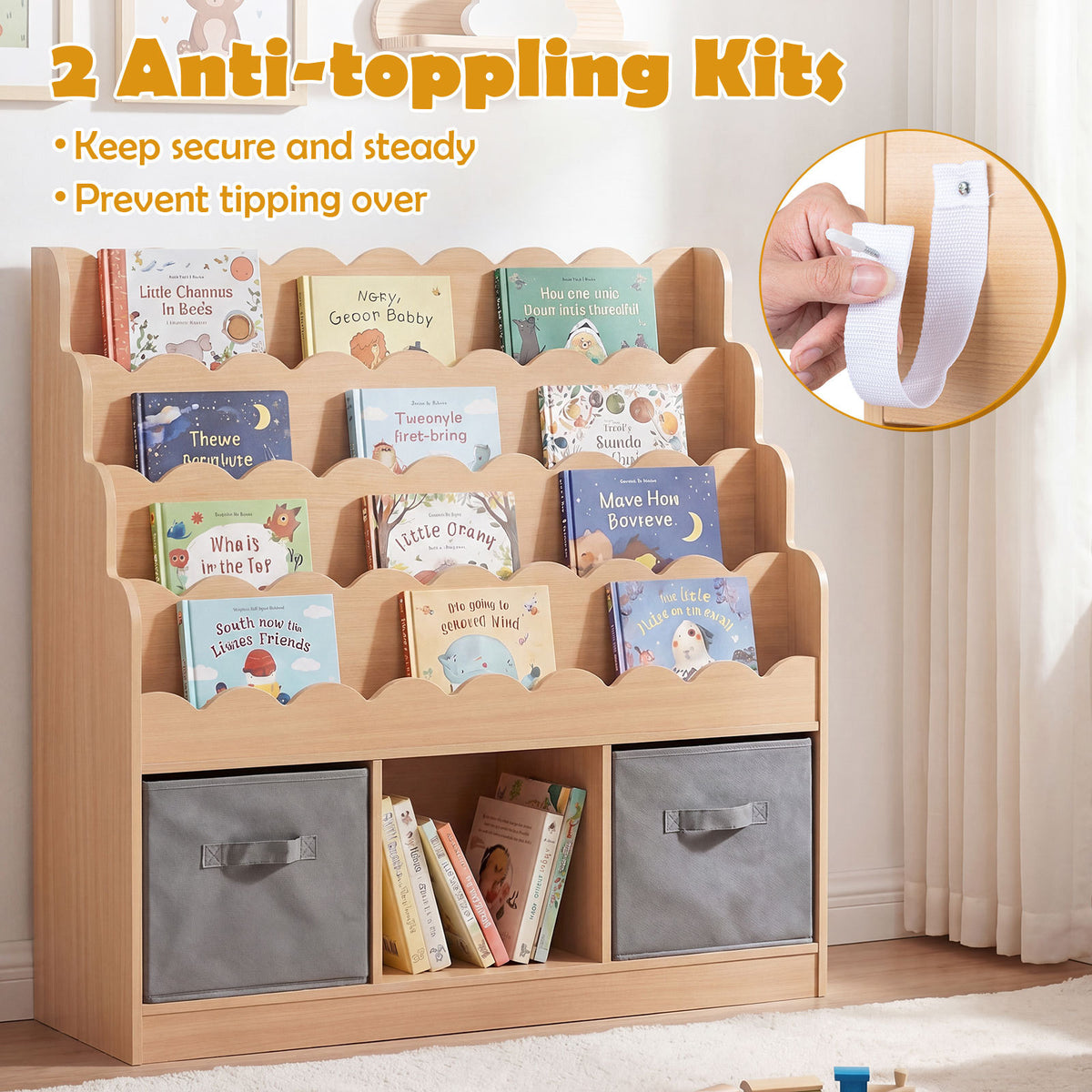 The kids storage unit with a close-up inset showing the anti-toppling safety strap attached
