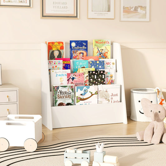 The white kids bookshelf filled with colourful children's books in a nursery setting