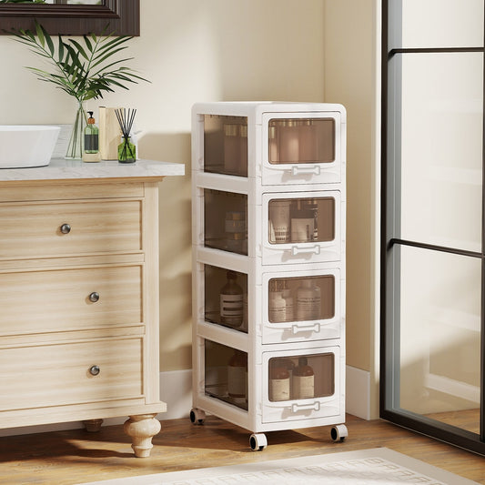 The storage chest placed in a bathroom next to a wooden vanity unit with toiletries inside