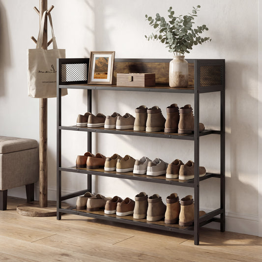 The shoe rack in a hallway with shoes and a coat stand