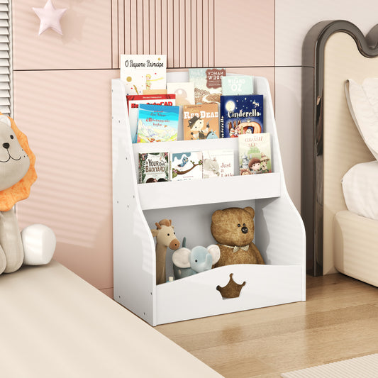 This white kids storage unit is shown in a child's bedroom next to a bed