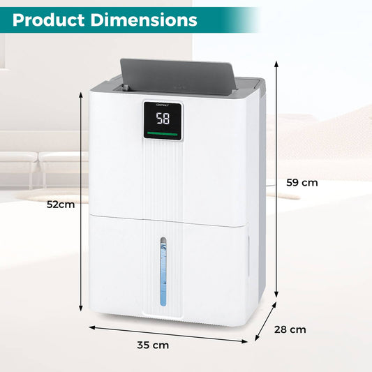 The portable dehumidifier shown with arrows indicating its height width and depth