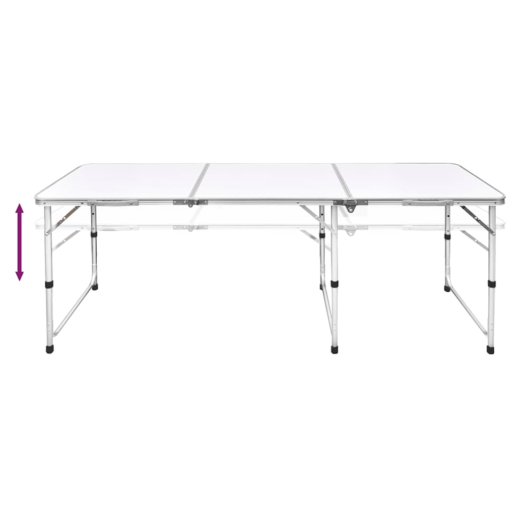 The camping table with an arrow indicating the adjustable height feature