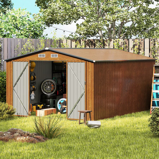 Large garden tool house with double doors, set up in a garden setting