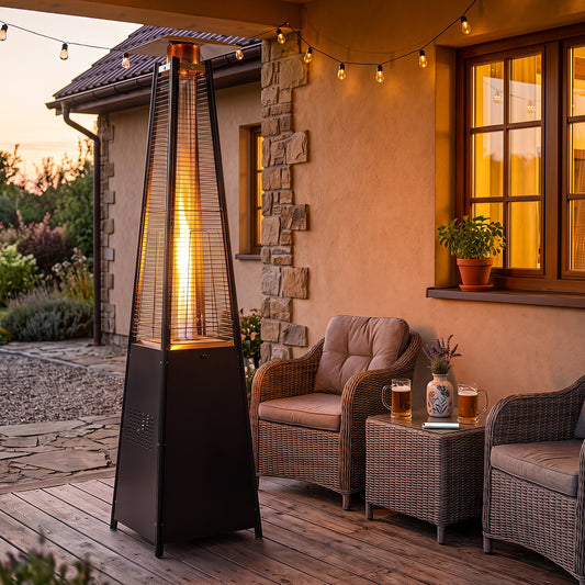 the patio heater standing on a deck next to outdoor furniture with drinks