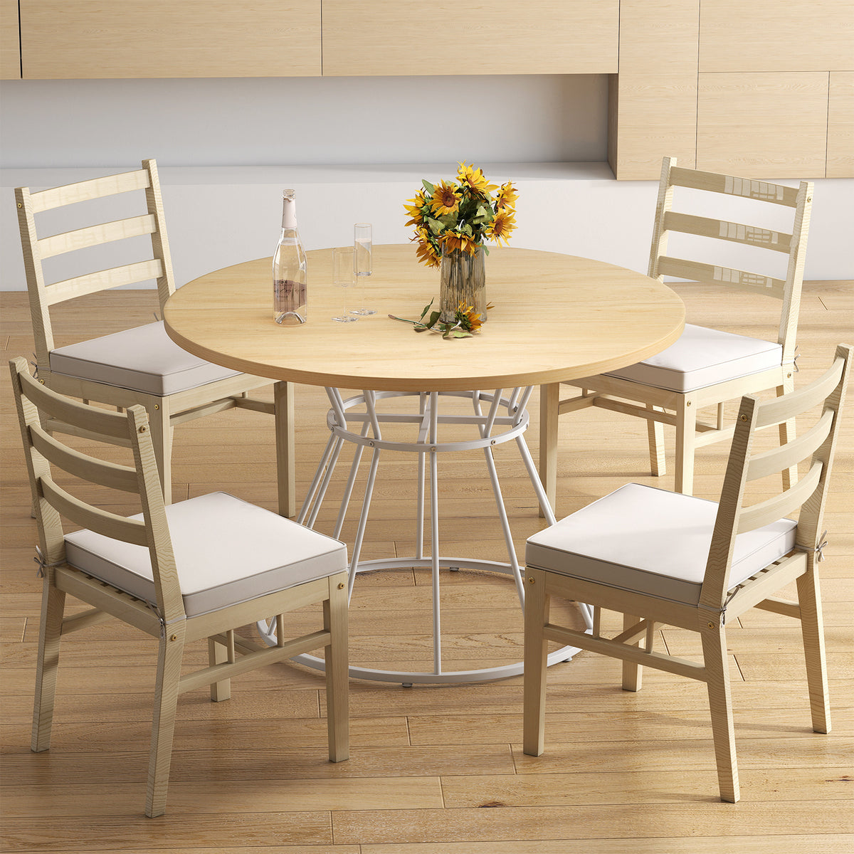 Round Dining Table for 4 with Wooden Tabletop and Metal Base-Natrual