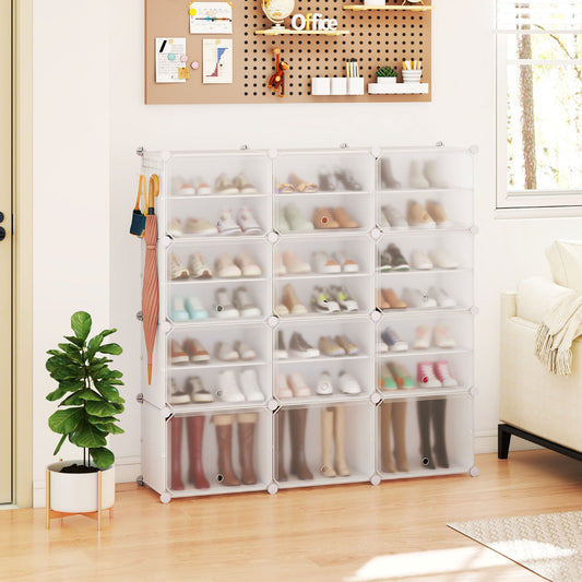 The shoe rack is shown in a room with a plant and sofa, displaying various shoes and boots