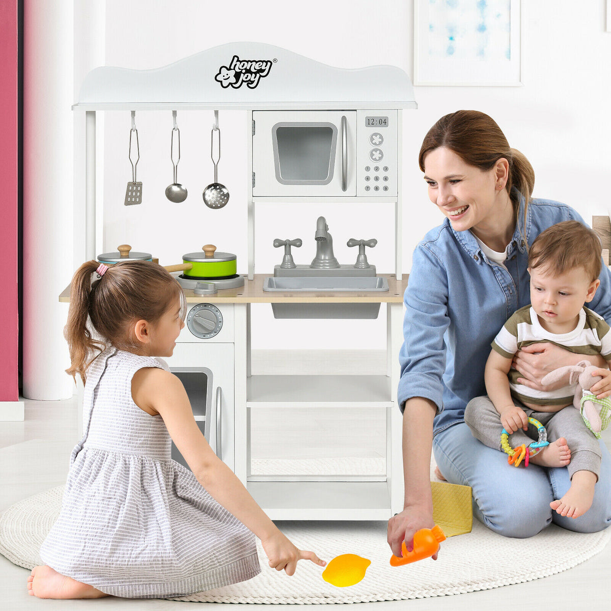 Children's Wooden Play Kitchen with Cooking Pots and Utensils
