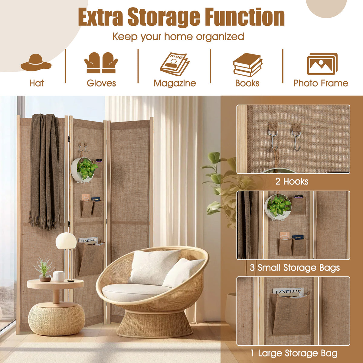 3 Panel Faux Linen Room Divider with Storage Bags-Natural