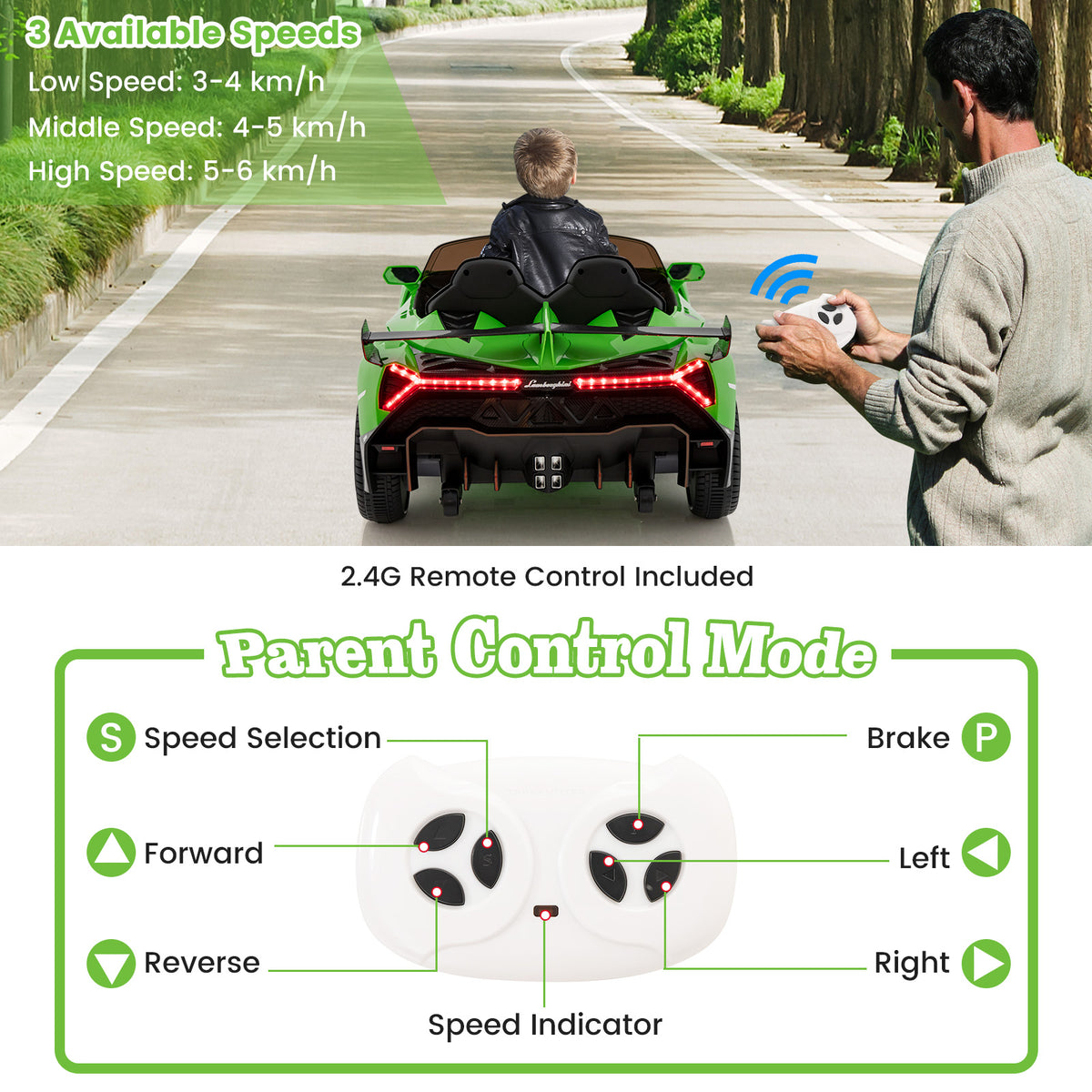 Rear view of the green kids electric sports car with a child inside, controlled by a remote