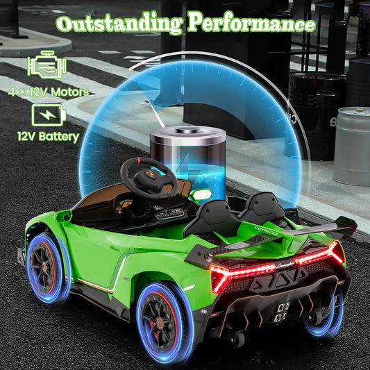 The green kids electric car with illuminated taillights and wheels, showing its rear three-quarter view