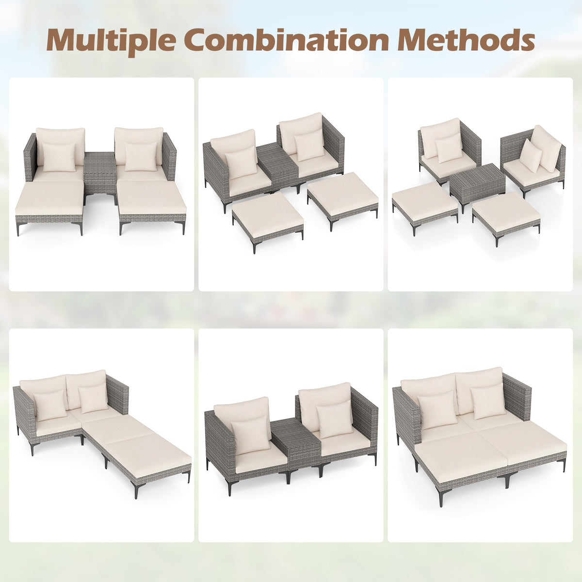 5-Piece Patio Conversation Set with 2 Armchairs 2 Ottomans and Side Table-Beige