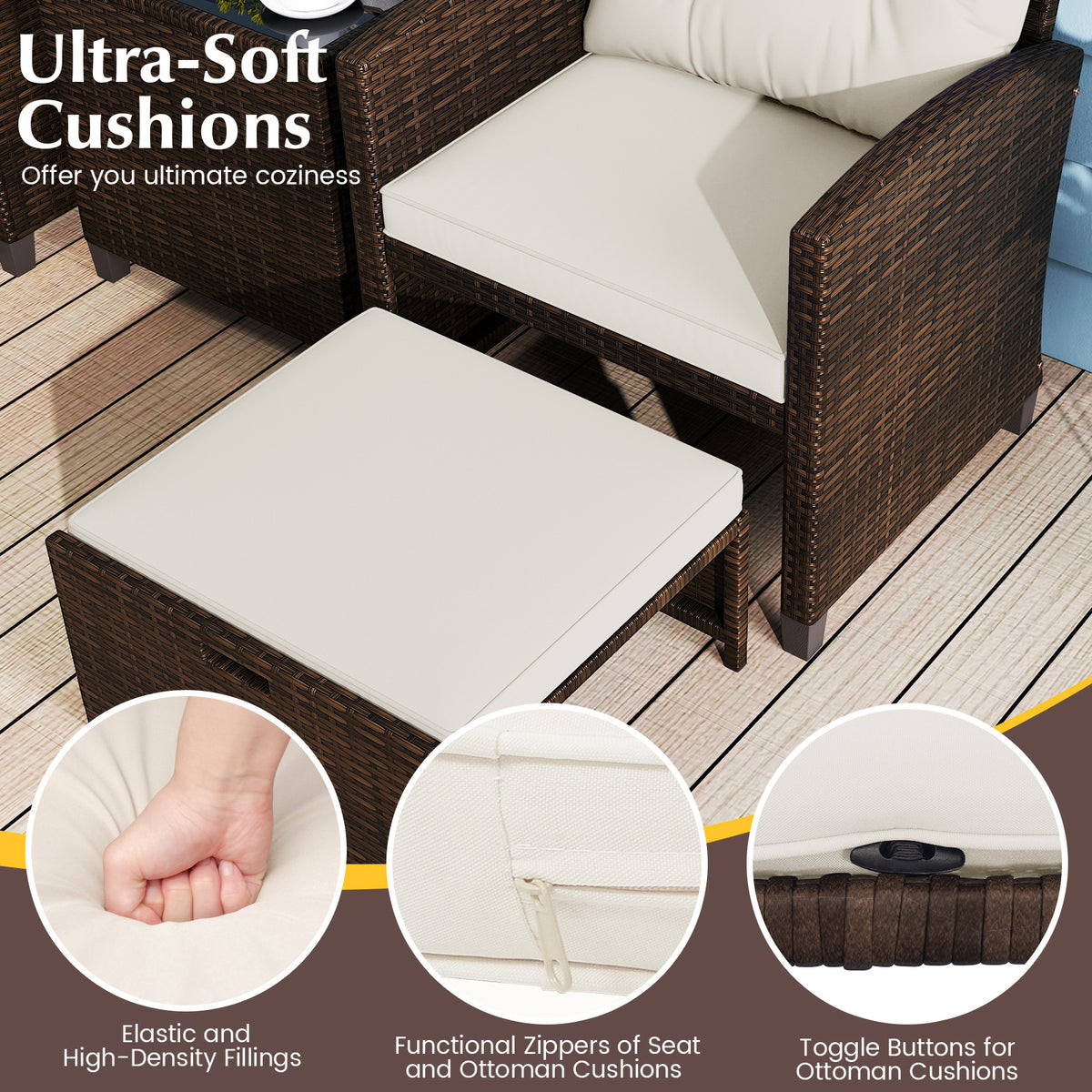 5-Piece Patio Rattan Furniture Set with Ottomans and Coffee Table for Backyard-White