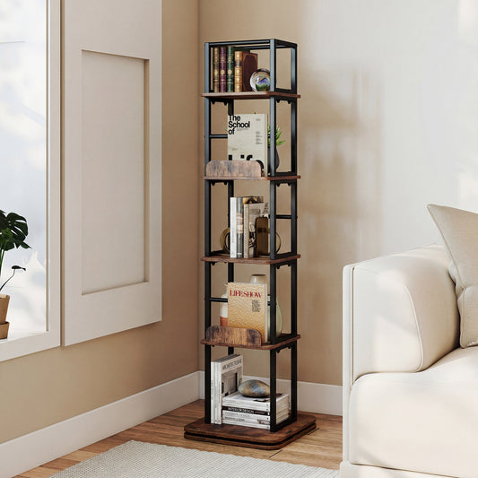 5-Tier Rotating Bookshelf Tower with 360° Spin & Side Rails for Small Spaces-Rustic Brown
