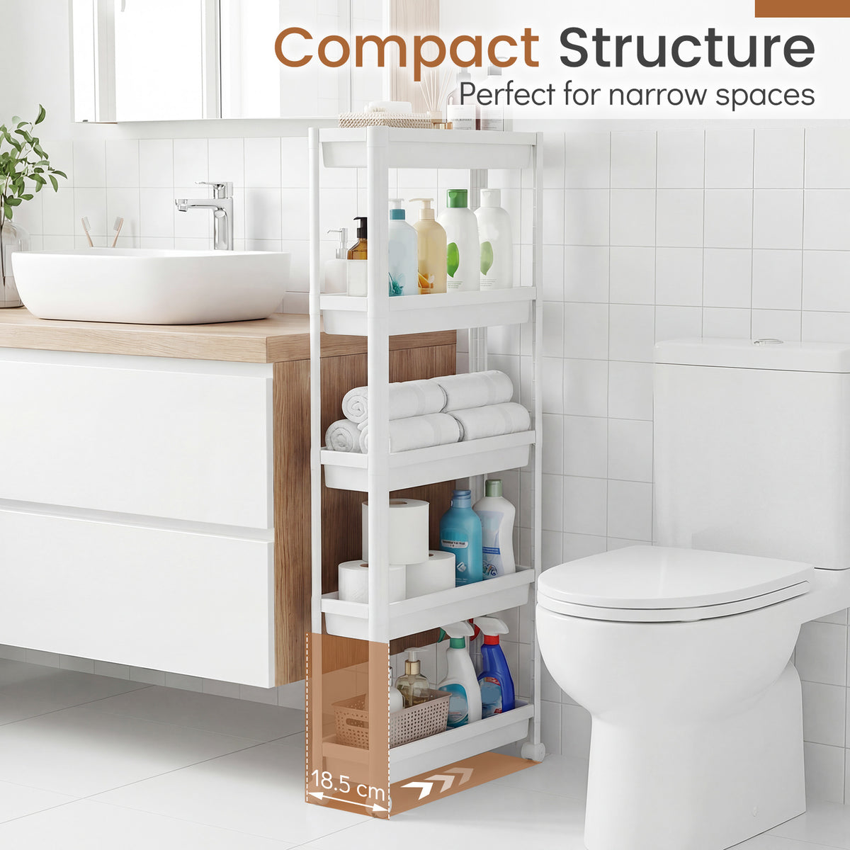 5-Tier Slim Rolling Storage Cart with Smooth Wheels for Kitchen-White