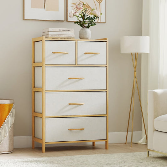 The vertical storage tower is shown in a bedroom setting with decorative items on top