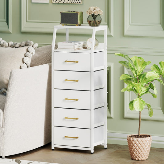White storage cabinet with five fabric drawers in a living room setting