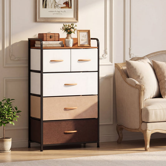 Multicolour fabric dresser with five drawers in a bedroom setting