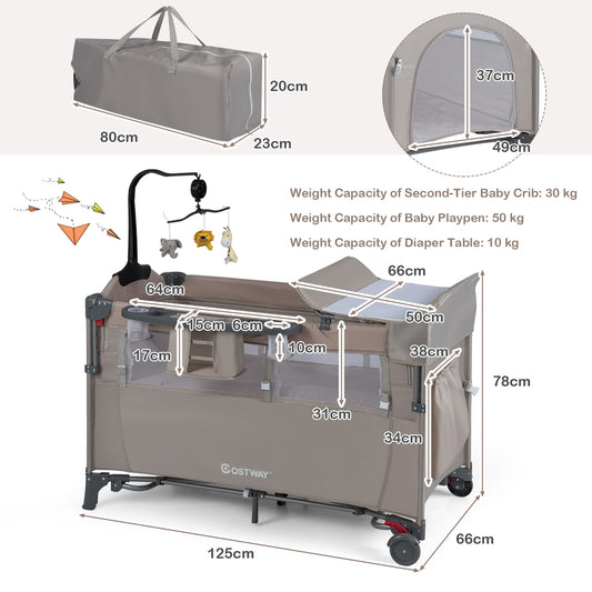 This bedside sleeper has a carry bag and dimensions shown for the bassinet and diaper table