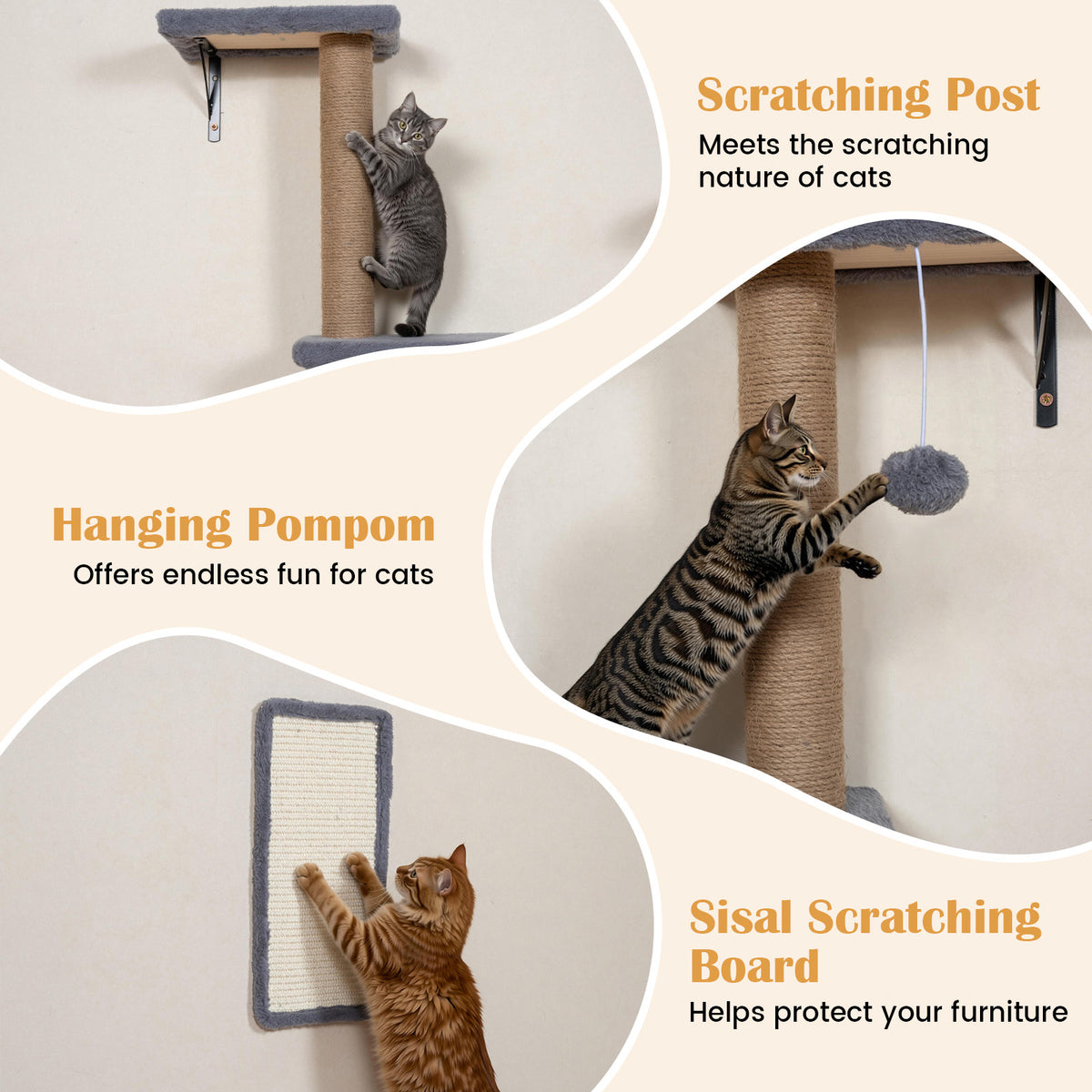 The cat furniture details showing a cat scratching the post and playing with the hanging toy