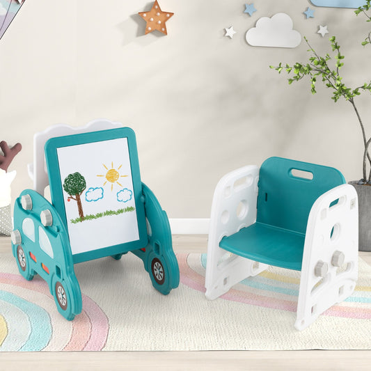 the kids slides set up as a whiteboard easel and a small chair in a playroom