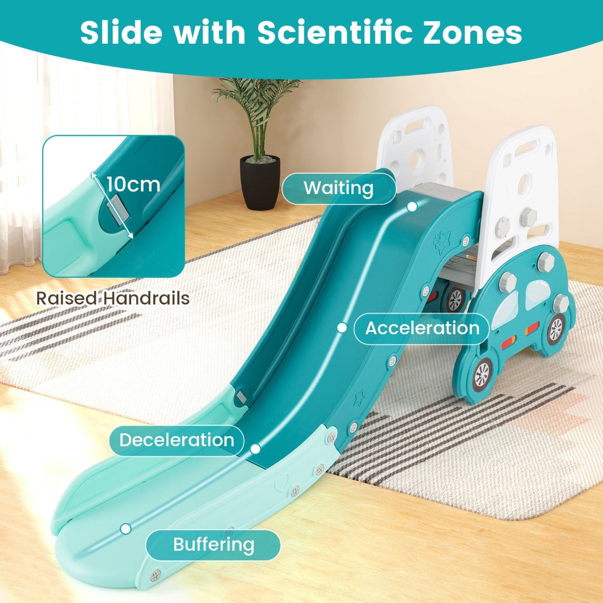 the kids art easel highlighting the safety design zones of the slide surface