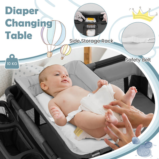 5-in-1 Foldable Pack and Play with Removable Bassinet in Grey