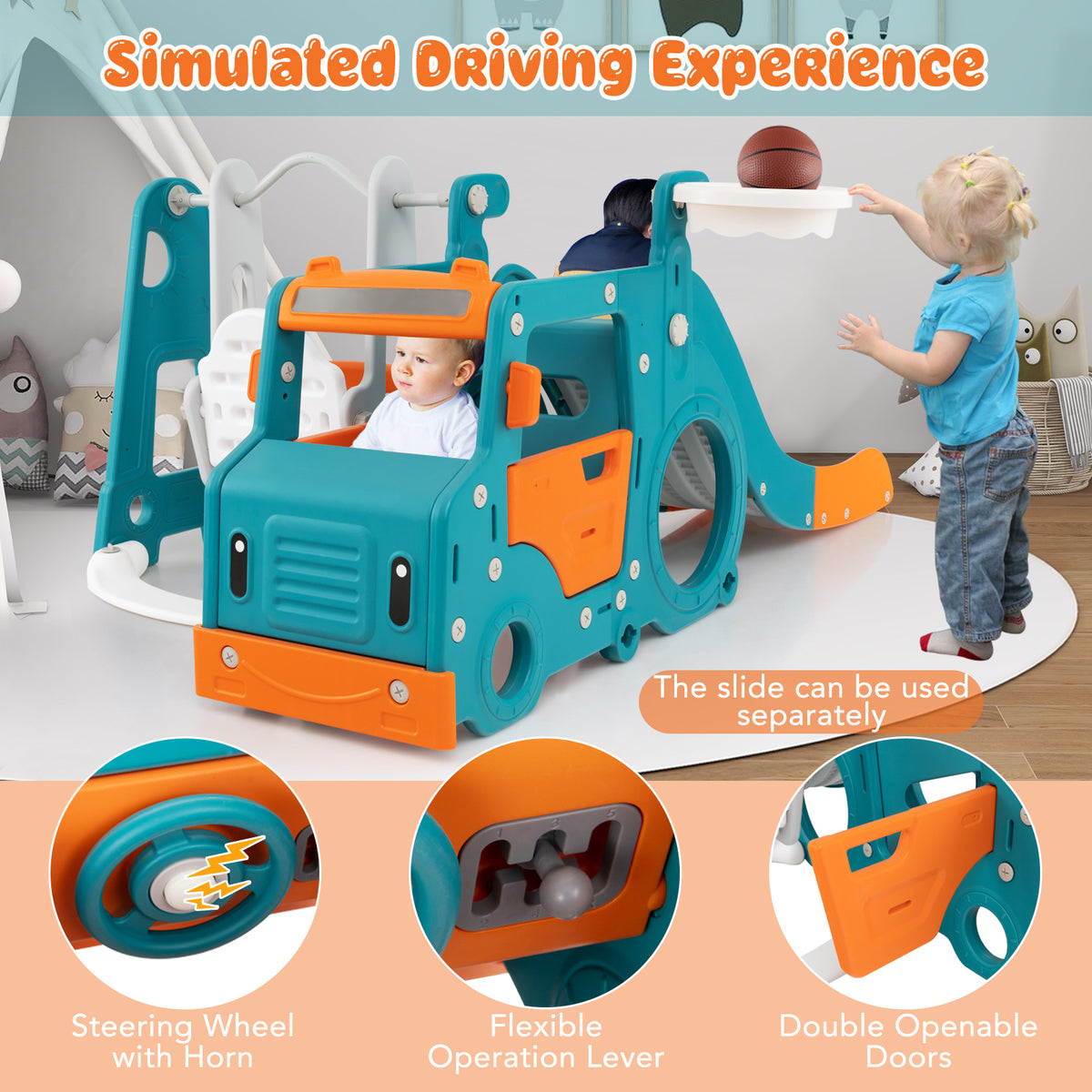 The kids slide and swing set showing the steering wheel and bus doors