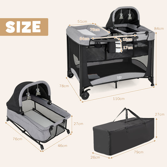 The portable nursery center shown with its dimensions and the carry bag included