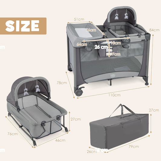 Size diagram of the grey nursery center showing dimensions of the bassinet, playpen and carry bag