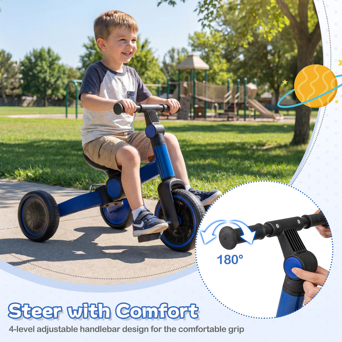Close-up of the handlebar steering mechanism on the blue balance bike