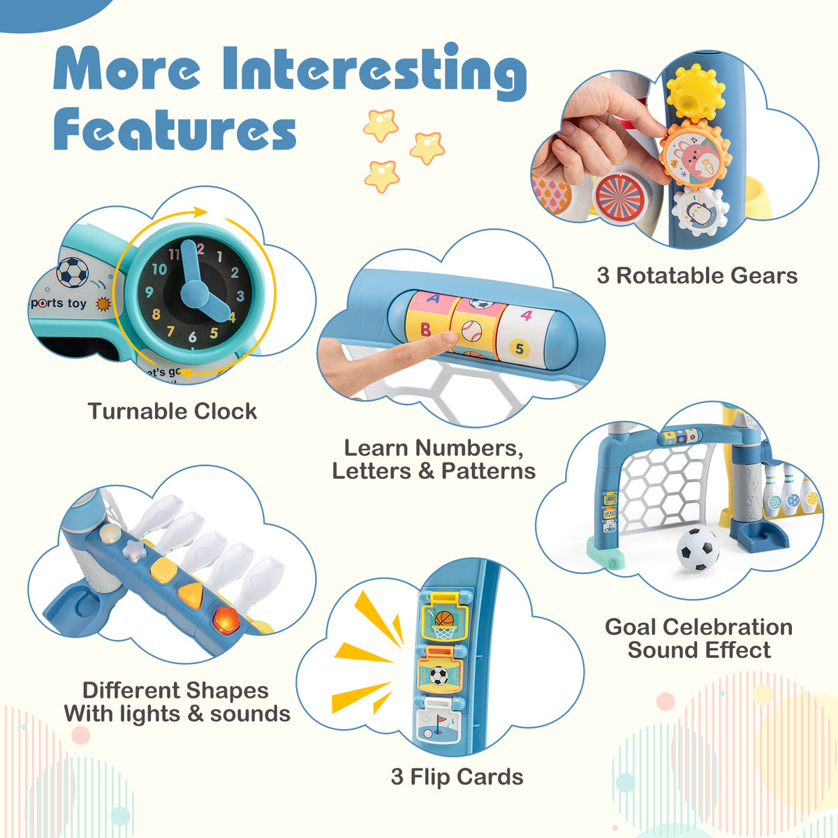 More interesting features of the toddler sports toy including a clock and gears