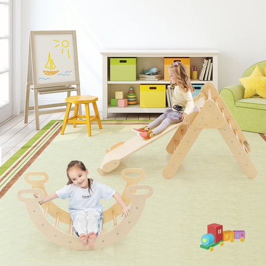 Kids climbing frame with slide and rocker in a nursery room